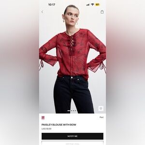 Mango Red Paisley Blouse with Lace-Up Detail